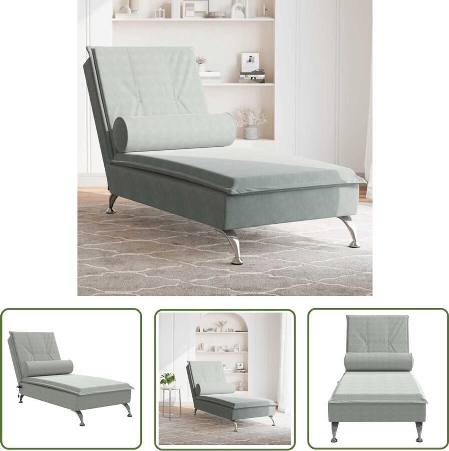 The Living Store Massage chaise longue met bolster fluweel lichtgrijs Massage Fauteuil Relaxfauteuil Loungestoel Fluweelfauteuil Trilfauteuil