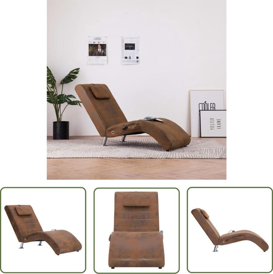 The Living Store Chaise Longue Massage en Verwarming Bruin Houten frame 144 x 59 x 79 cm Massage Fauteuil Relaxfauteuil Loungestoel Zitbank Lederlook