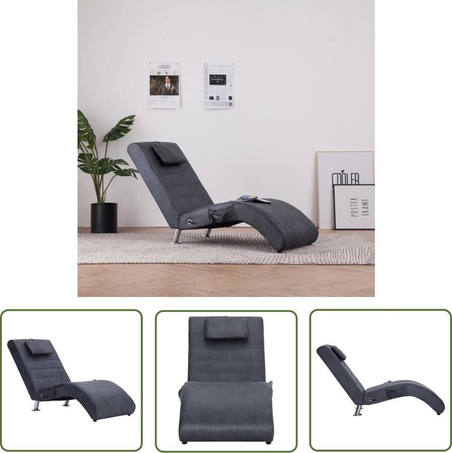The Living Store Chaise Longue Grijs Houten frame Kunstsuède bekleding 144 x 59 x 79 cm Massage- en verwarmingsfuncties Massage Fauteuil Relaxfauteuil Loungestoel Chaise Longue Grijs Zitbank