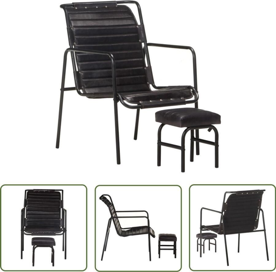 VidaXL Relaxfauteuil met voetenbank Echt leer Zwart Vintage Fauteuil Lederen Fauteuil Relaxfauteuil Lounge Stoel Salontafel Woonkamer Meubels Design Fauteuil Retro Fauteuil Zittendcomfort Voetensteun