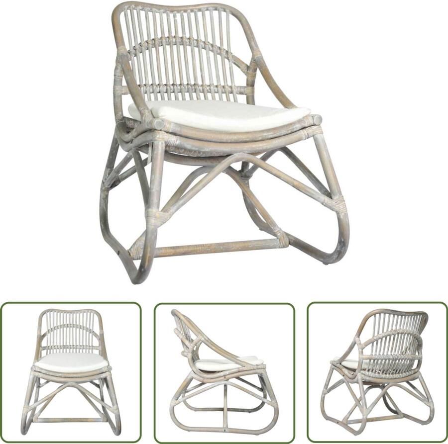 The Living Store Rattan Relaxstoel 73 x 50 x 78 cm Crèmewit Kussen Grijs Frame Rattan Fauteuil Relaxfauteuil Lounge Stoel Wicker Stoel Vintage Stoel - Foto 2