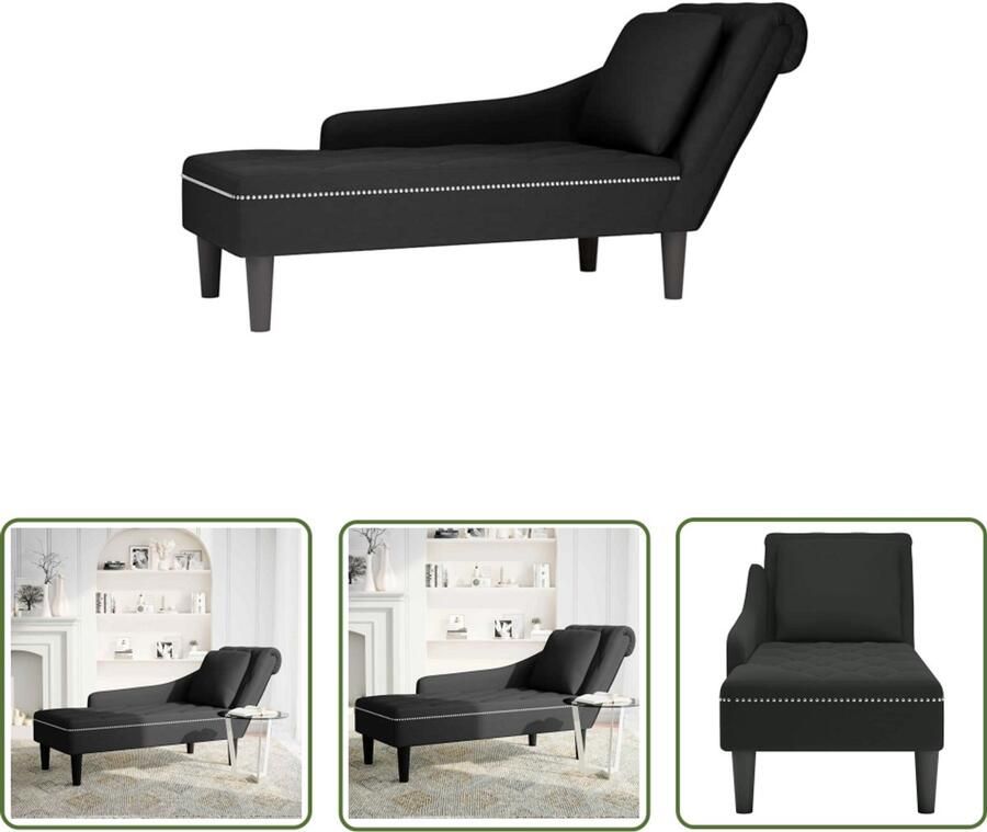 The Living Store Chaise longue met kussen en rechterarmleuning fluweel zwart Chaise Lounge Relaxstoel Velours Fauteuil Zwarte Fauteuils Loungebank