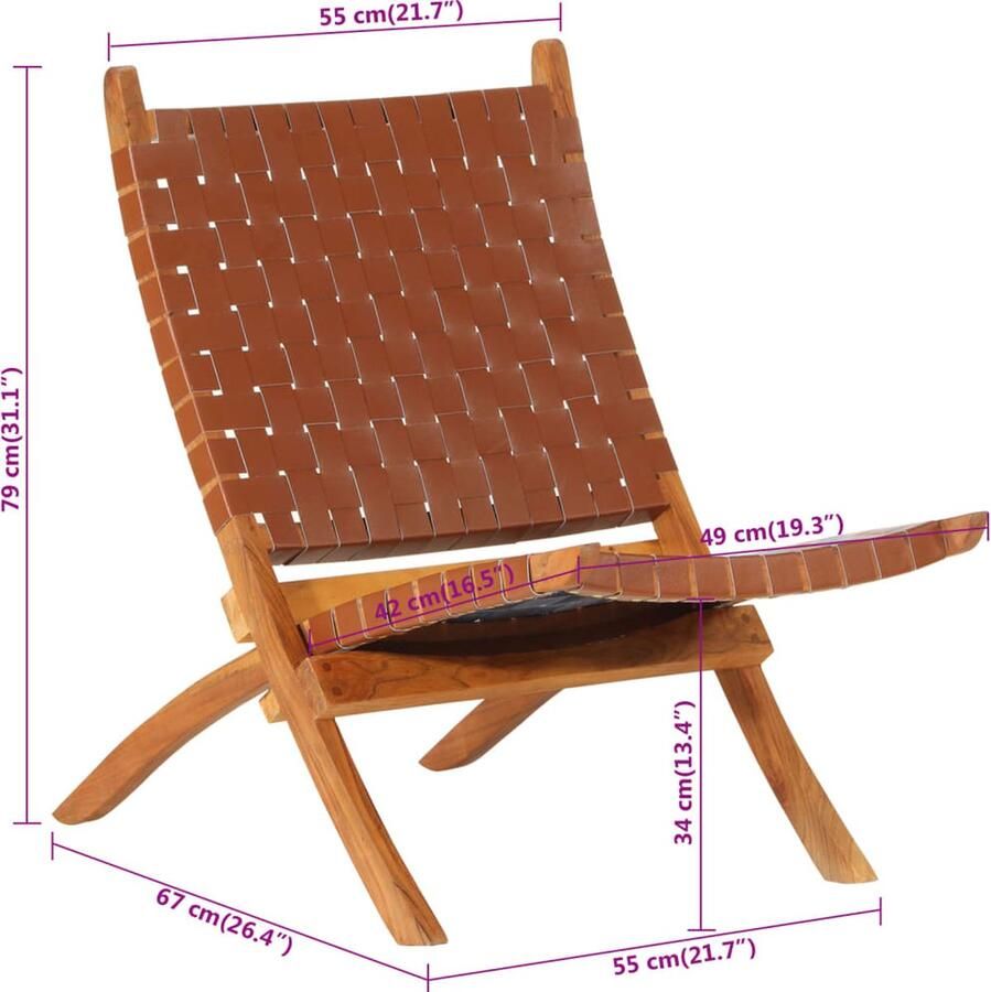 VidaXL Relaxstoel inklapbaar echt leer bruin Relaxfauteuil Lederen Fauteuil Inklapbare Stoel Lounge Stoel Tuinstoel - Foto 2