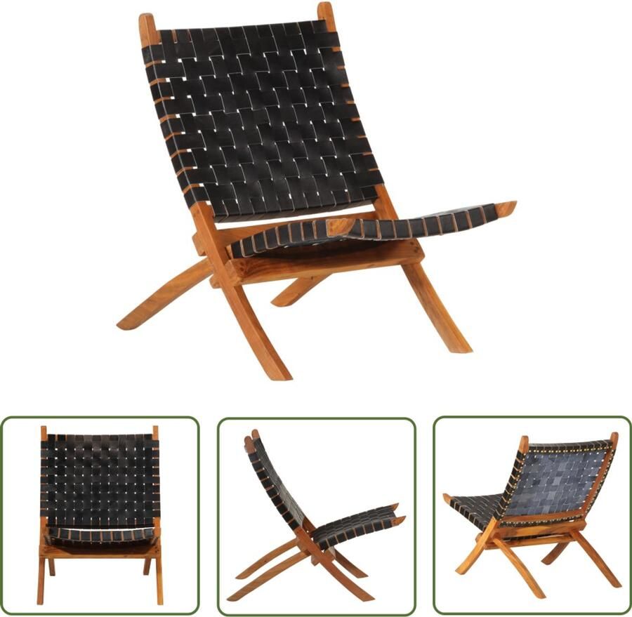VidaXL Relaxstoel Inklapbaar Echt Leer Zwart Relaxfauteuil Lederen Fauteuil Zwarte Fauteuil Klapstoel Tuinstoel Lounge Stoel Buitenmeubilair Terras Meubels