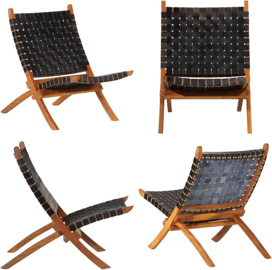 VidaXL Relaxstoel inklapbaar echt leer zwart Relaxstoel Relaxstoelen Stoel Klapstoel