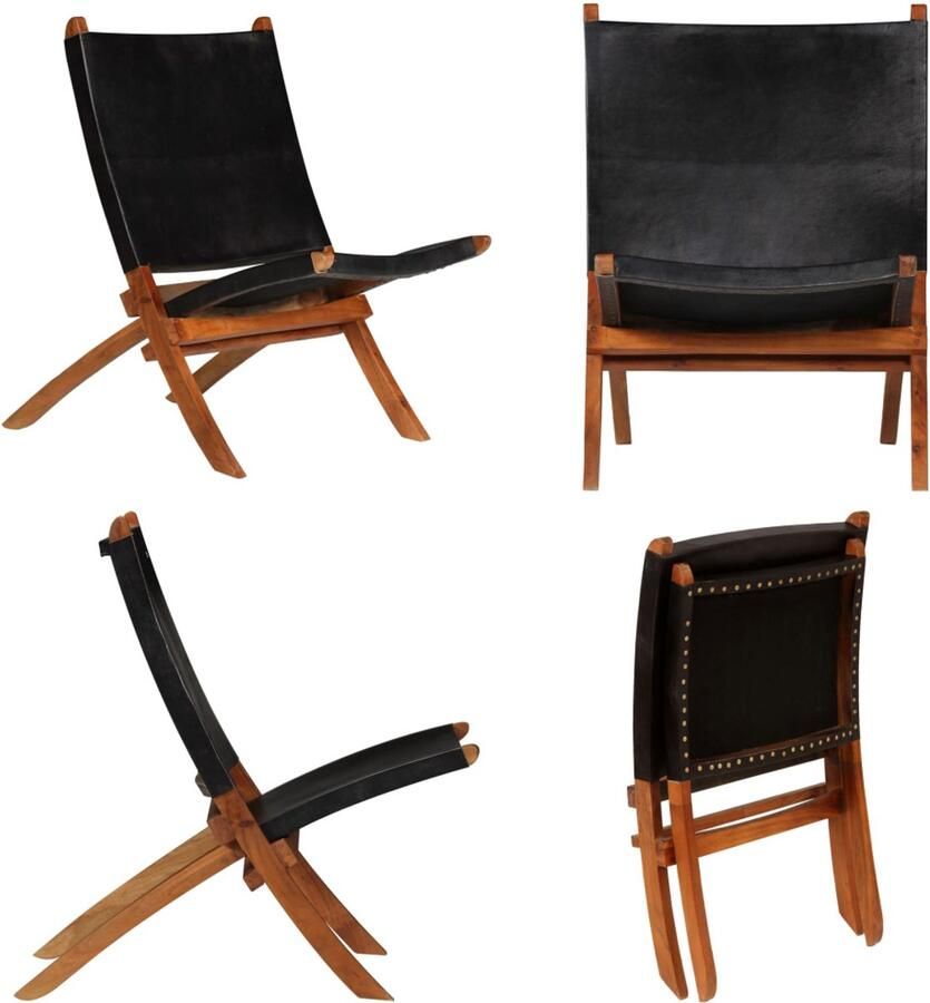 VidaXL Relaxstoel inklapbaar echt leer zwart Stoel Stoelen Zitmeubel Zitmeubels