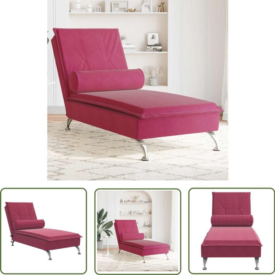 The Living Store Massage chaise longue met bolster fluweel wijnrood Massage Stoel Relaxstoel Loungestoel Fluweel Fauteuil Elektrische Massage