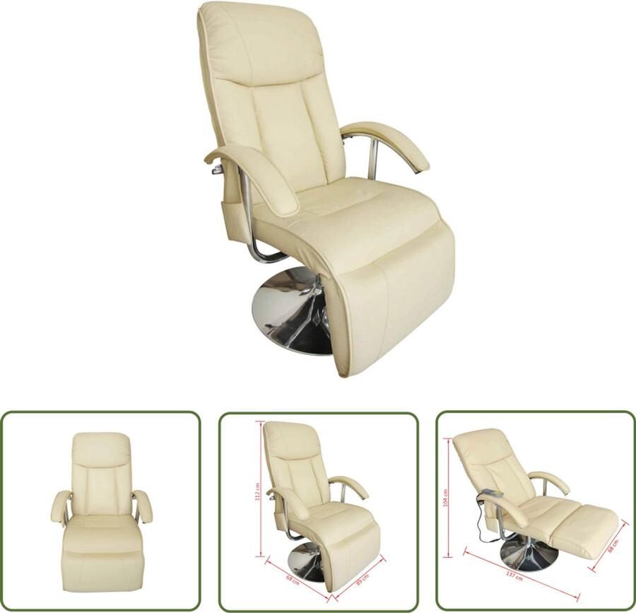 The Living Store Relaxfauteuil Kunstleder Massage en Verwarming 66 x 96 x 102 cm Crèmekleurig Zwart Houten voet Verstelbaar Incl Voetenbankje