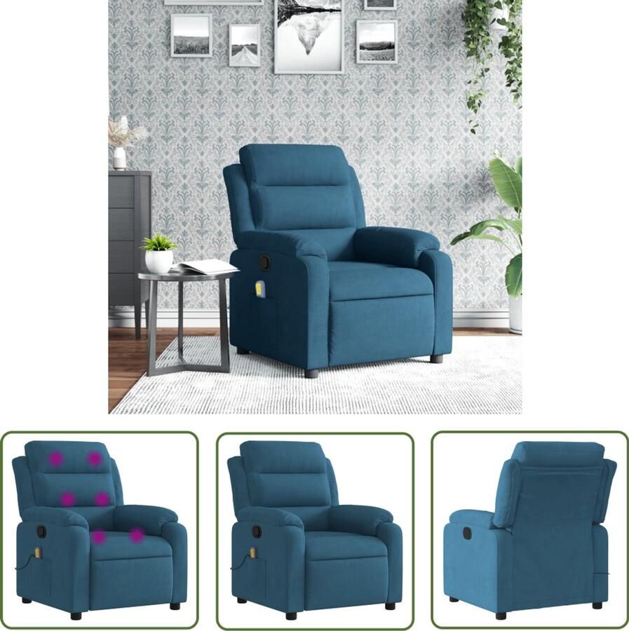 VidaXL Massagestoel verstelbaar fluweel blauw Massagestoel Relaxstoel Loungestoel Elektrische Massage Trillingmassage