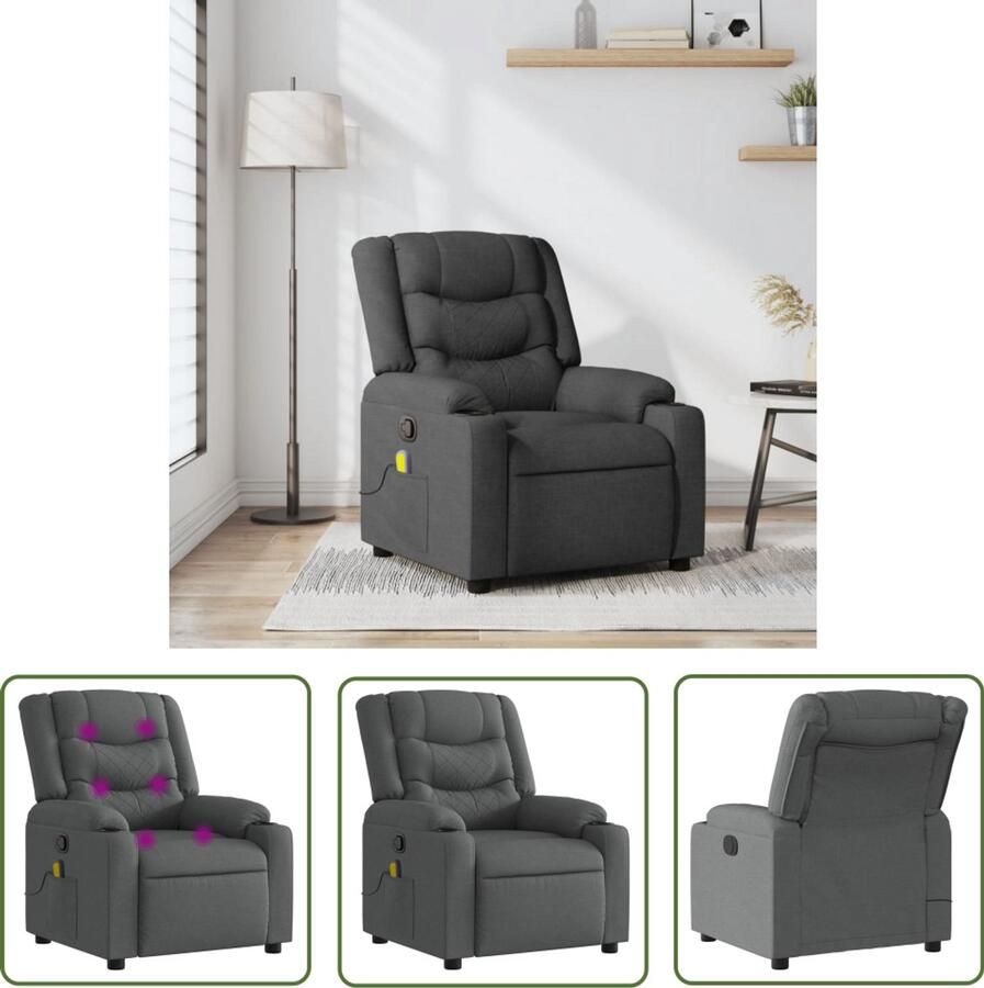 The Living Store Massagestoel verstelbaar stof donkergrijs Massagestoel Relaxstoel Loungestoel Elektrische Massage Massagefauteuil