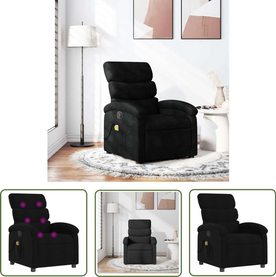 The Living Store Massagestoel verstelbaar stof zwart Massagestoel Relaxstoel Loungestoel Elektrische Massage Zitzak