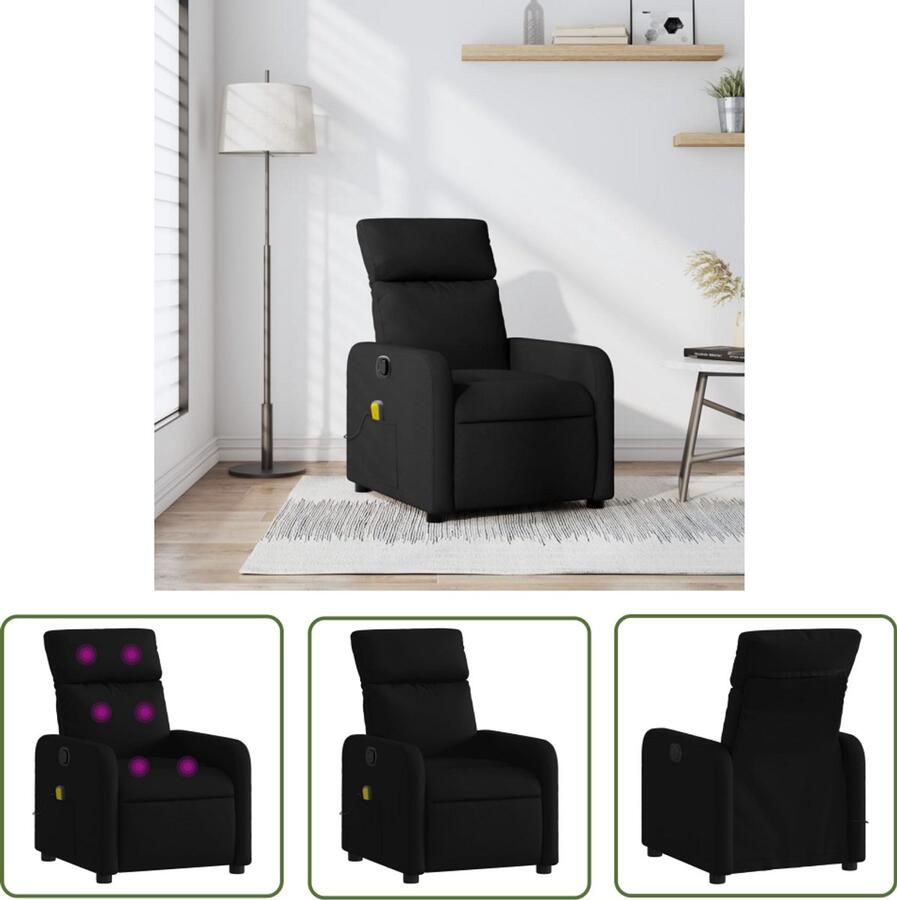 The Living Store Massagestoel verstelbaar stof zwart Massagestoel Relaxstoel Ergonomische Stoel Lounge Stoel Elektrische Massage - Foto 3