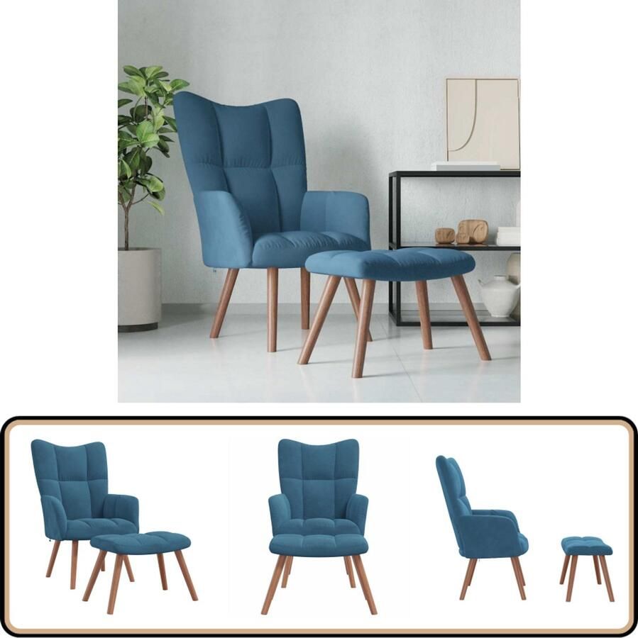The Living Store Relaxstoel Elegance Stoelen 61.5x69x95.5 cm Blauw Fluweel Relaxfauteuil Fauteuil Met Voetensteun Lounge Stoel Blauwe Stoel Velours Stoel - Foto 2