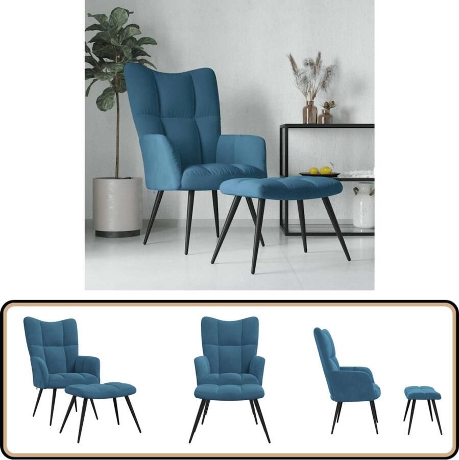 VidaXL Relaxstoel met voetenbank fluweel blauw Relaxfauteuil Lounge Stoel Fluweel Stoel Blauwe Stoel Comfortabele Stoel Salontafel