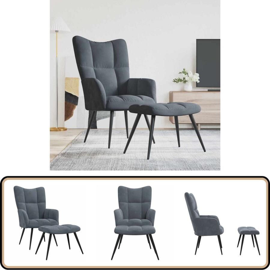 The Living Store Relaxstoel Blokpatroon Donkergrijs Fluweel Staal 61x70x96.5 cm Inclusief voetenbank Relaxfauteuil Donker Grijs Fluweel Lounge Stoel Woonkamer Meubels - Foto 2