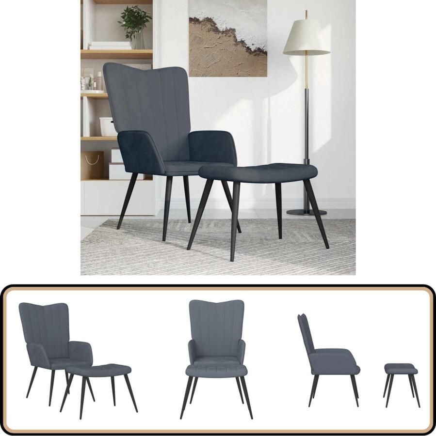 The Living Store Relaxstoel Fluweel Donkergrijs 61x70x96.5cm Met Voetenbank Relaxfauteuil Lounge Stoel Velvet Fauteuil Donkere Grijze Fauteuil Loungestoel Met Voetensteun