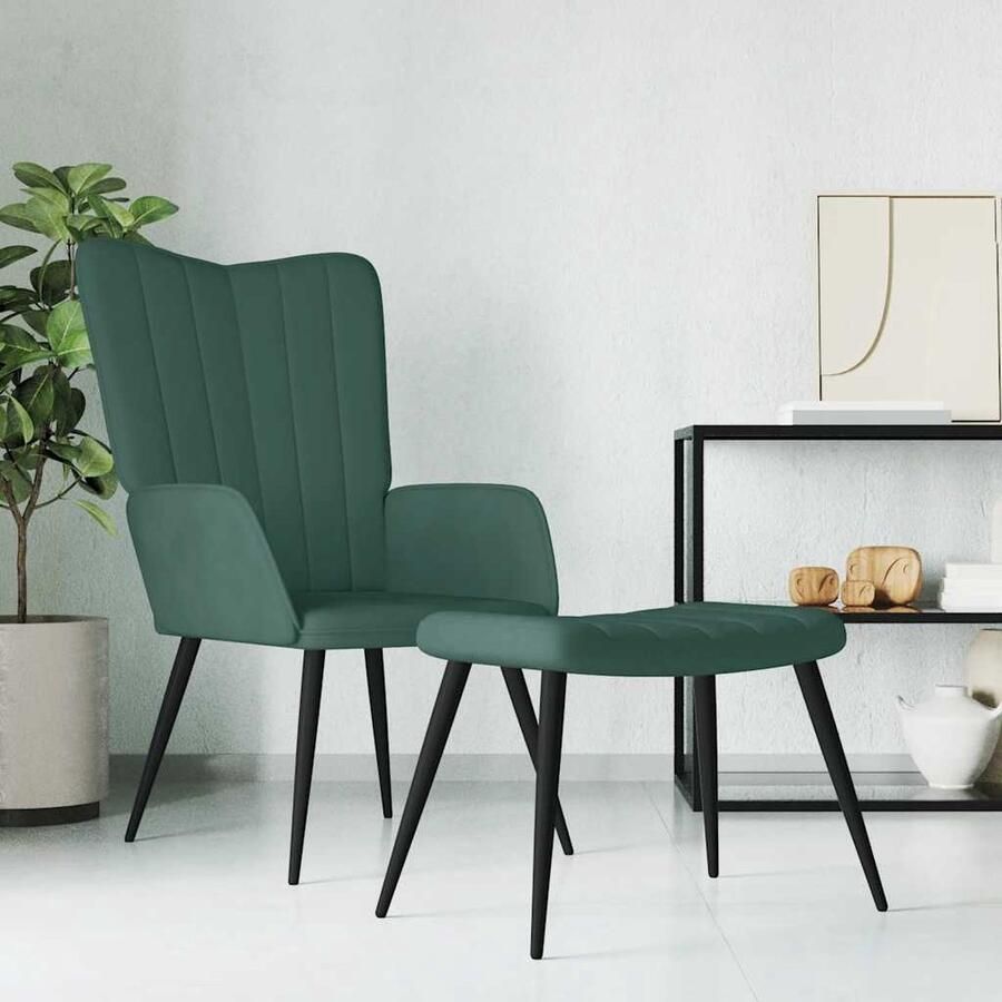 The Living Store Relaxstoel met Voetenbank Donkergroen Fluweel 61x70x96.5cm Stalen Frame Relaxfauteuil Lounge Stoel Fluweel Stoel Donkere Groene Stoel Fauteuill