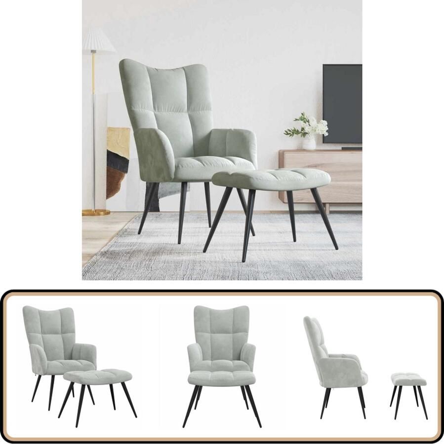 VidaXL Relaxstoel met voetenbank Fluweel Lichtgrijs Relaxfauteuil Lounge Stoel Velvet Bank Grijs Meubilair Comfortabele Stoel Salontafel