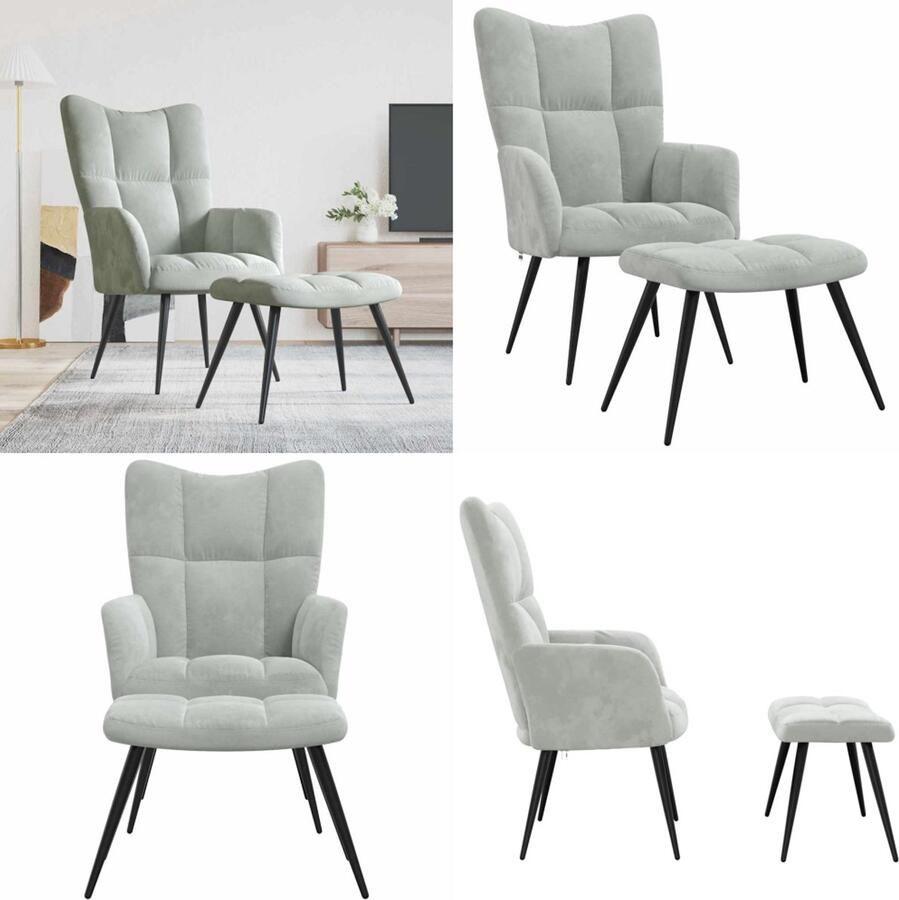 VidaXL Relaxstoel met voetenbank fluweel lichtgrijs Relaxstoel Met Voetenbank Relaxstoelen Met Voetenbanken Zetel Met Voetenbankje Zetels Met Voetenbankjes