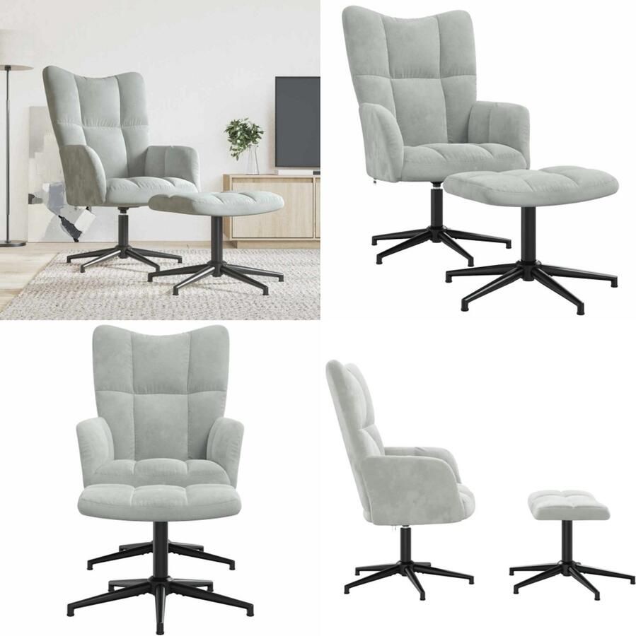 VidaXL Relaxstoel met voetenbank fluweel lichtgrijs Relaxstoel Met Voetenbank Relaxstoelen Met Voetenbanken Zetel Met Voetenbankje Zetels Met Voetenbankjes