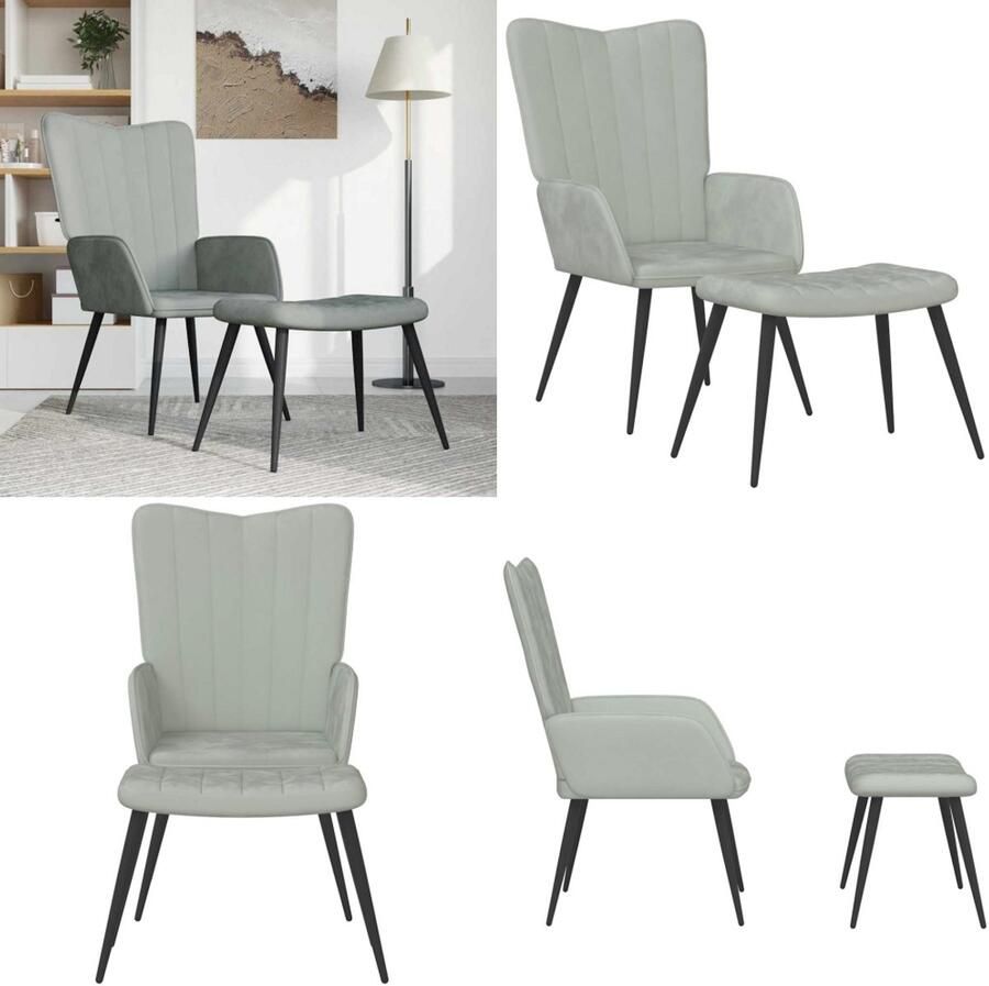 VidaXL Relaxstoel met voetenbank fluweel lichtgrijs Relaxstoel Met Voetenbank Relaxstoelen Met Voetenbanken Zetel Met Voetenbankje Zetels Met Voetenbankjes