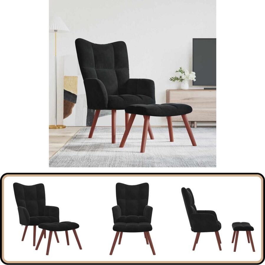 VidaXL Relaxstoel met voetenbank Fluweel Zwart Relaxfauteuil Lounge Stoel Fauteuils Velvet Meubels Zwarte Meubels Huiskamer Meubilair Loungestoel