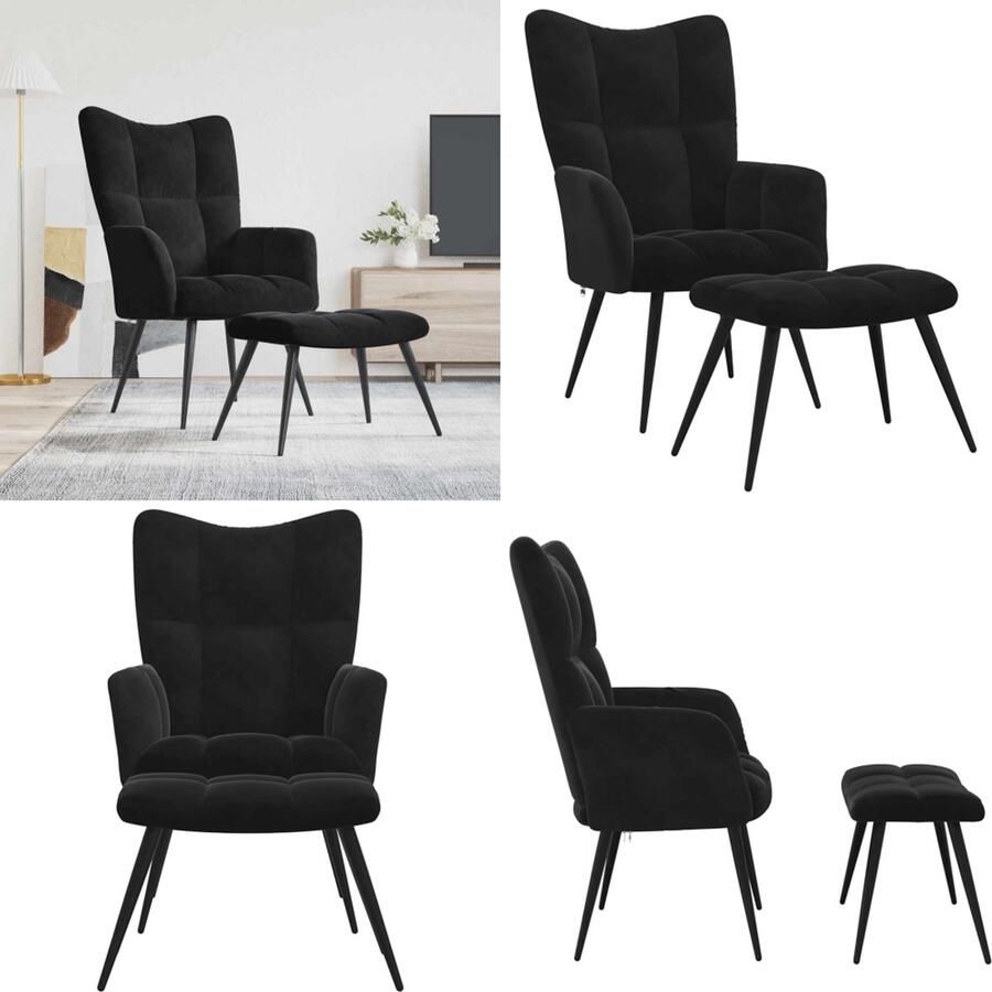 VidaXL Relaxstoel met voetenbank fluweel zwart Relaxstoel Met Voetenbank Relaxstoelen Met Voetenbanken Zetel Met Voetenbankje Zetels Met Voetenbankjes