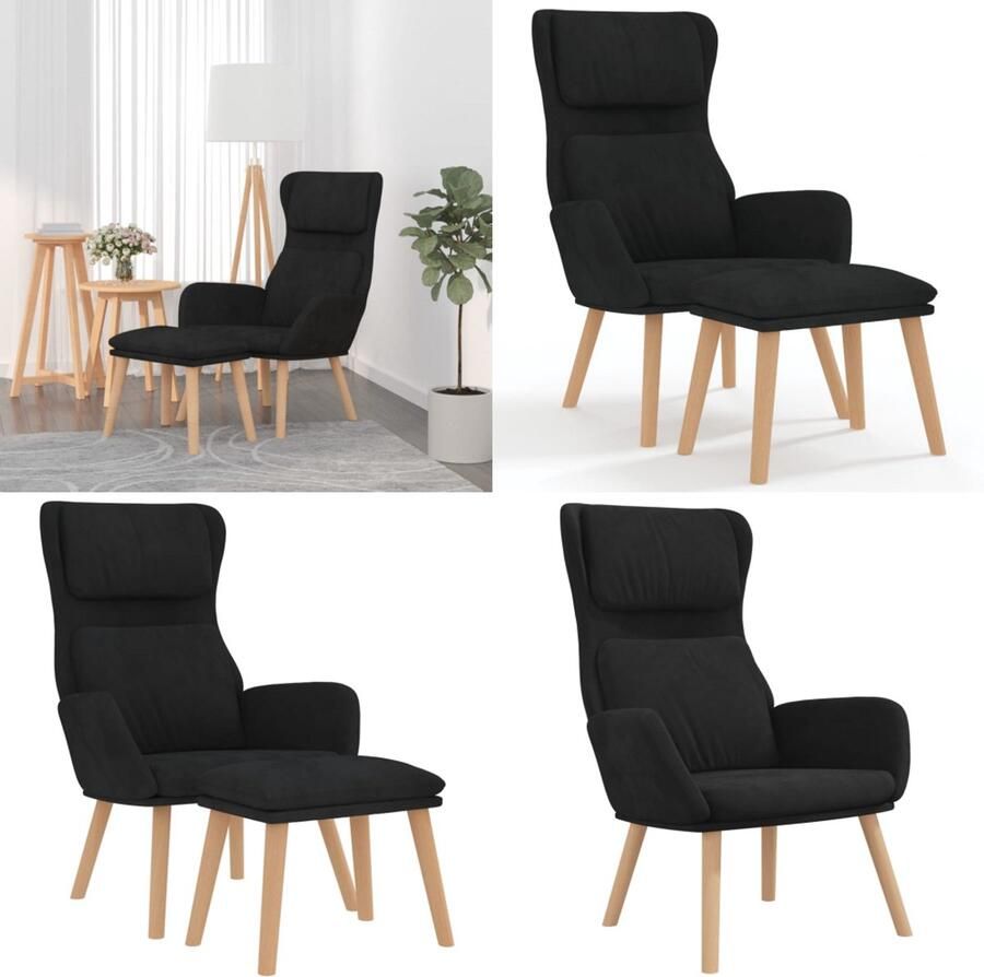VidaXL Relaxstoel met voetenbank fluweel zwart Relaxstoel Met Voetenbank Relaxstoelen Met Voetenbanken Zetel Met Voetenbankje Relaxstoel