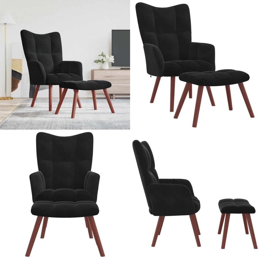VidaXL Relaxstoel met voetenbank fluweel zwart Relaxstoel Met Voetenbank Relaxstoelen Met Voetenbanken Zetel Met Voetenbankje Zetels Met Voetenbankjes