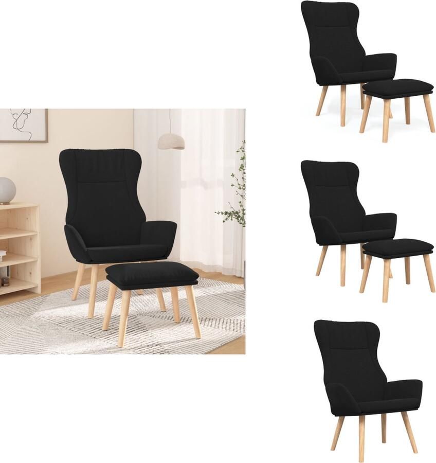 VidaXL Relaxstoel Ergonomisch Zwart Met Voetenbank Massief Rubberwood Stabiel en Comfortabel 70 x 77 x 94 cm (BxDxH) Fauteuil