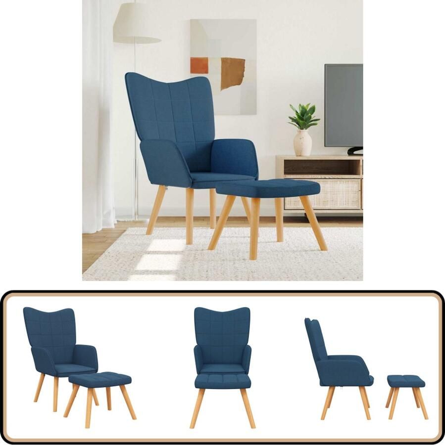 VidaXL Relaxstoel met voetenbank Stof Blauw Relaxstoel Lounge Stoel Blokkopatroon Blauwe Stoel Comfortabele Stoel