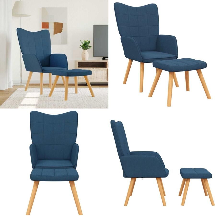 VidaXL Relaxstoel met voetenbank stof blauw Relaxstoel Met Voetenbank Relaxstoelen Met Voetenbanken Zetel Met Voetenbankje Zetels Met Voetenbankjes