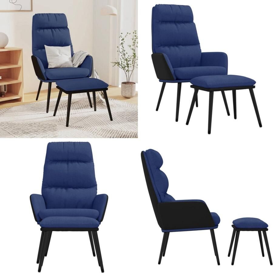 VidaXL Relaxstoel met voetenbank stof en kunstleer blauw Relaxstoel Met Voetenbank Relaxstoelen Met Voetenbanken Zetel Met Voetenbankje Relaxstoel