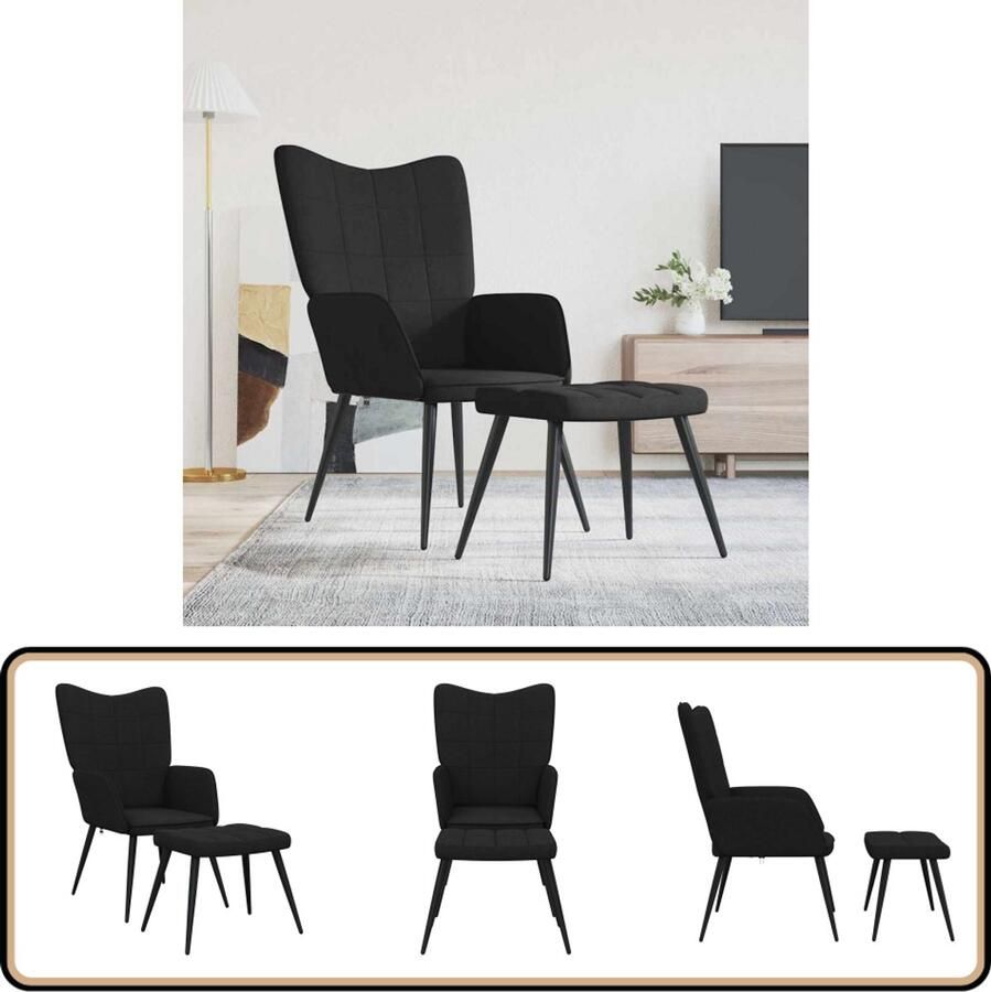 VidaXL Relaxstoel met voetenbank Stof Zwart Relaxstoel Fauteuils Lounge Stoel Eetkamerstoel Woonkamer Meubilair Zwarte Stoffen Bank Moderne Stoel Comfortabele Stoel Blokkopatroon