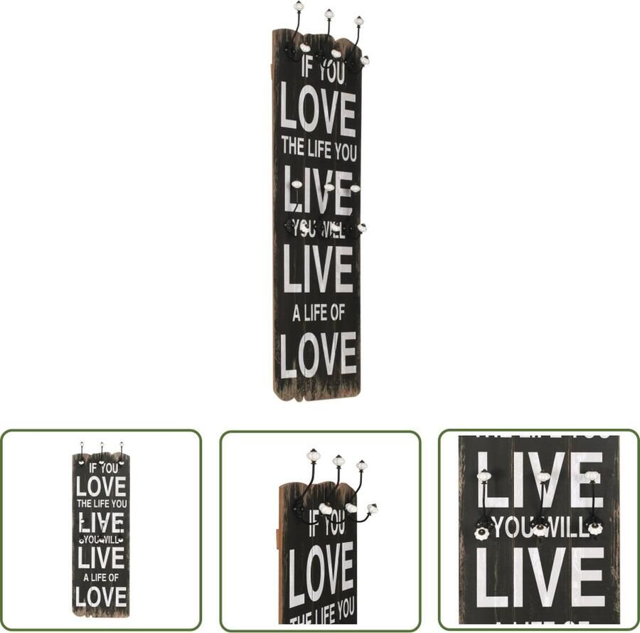 The Living Store Kapstok Vintage 6 haken 40 x 120 cm MDF en metaal Vintage Wanddecoratie Retro Kapstok Houten Kapstok Mdf Kapstok Muurkastje