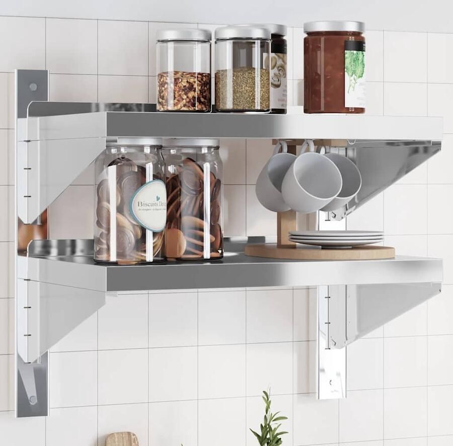 The Living Store Wandschap 2-laags 50x30x48 cm roestvrijstaal zilverkleurig Zwevend Wandschap Roestvrijstal Wandplanken Opbergruimte Ruime Opslag - Foto 2