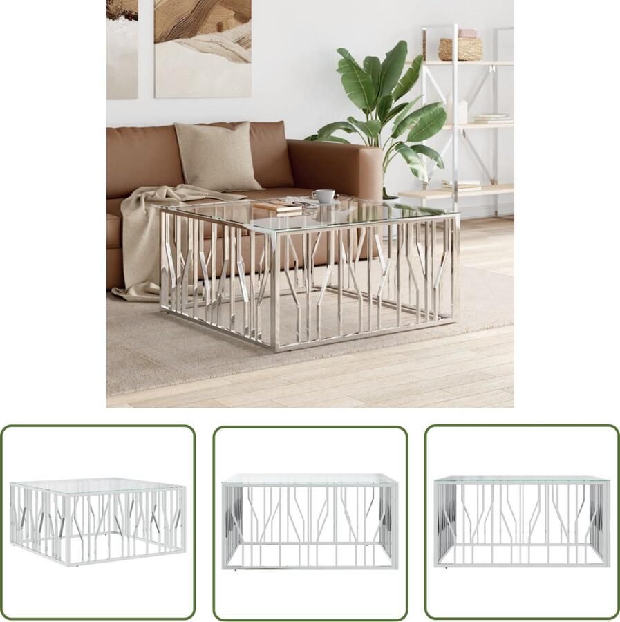 The Living Store Salontafel RVS 100 x 100 x 50 cm Glad tafelblad Breed toepasbaar Salontafel Roestvrij Staal Glas Salontafel Rvs Bijzettafel