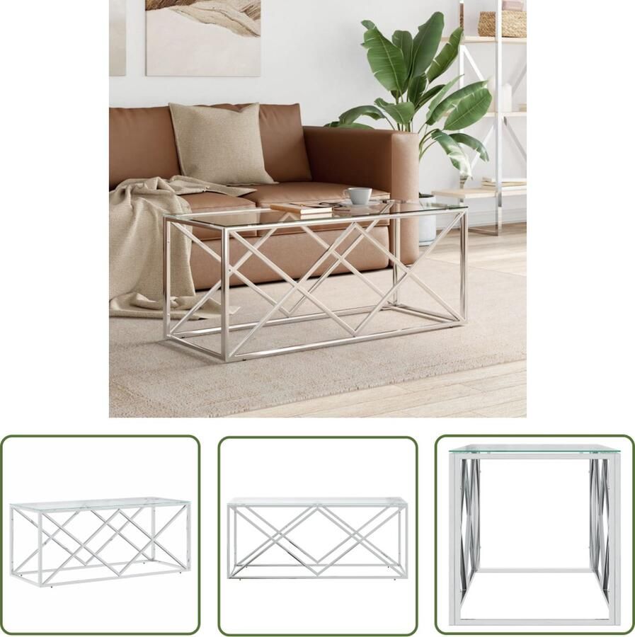 The Living Store Salontafel Roestvrij Staal 110 x 45 x 45 cm Gehard Glas Zilver Salontafel Roestvrij Staal Glas Zilver Meubilair