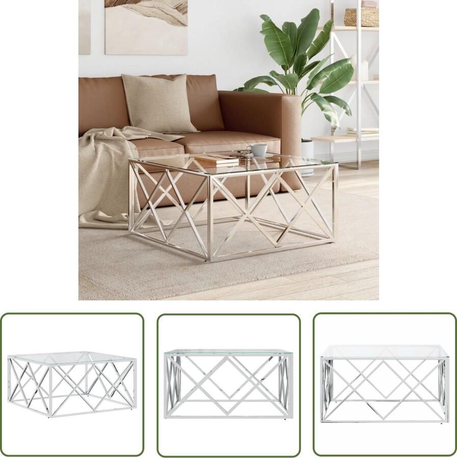 The Living Store Salontafel Roestvrij staal en glas 80 x 80 x 40 cm Duurzaam Glad tafelblad Breed toepasbaar Salontafel Roestvrij Staal Glas Modern Livingroom Furniture