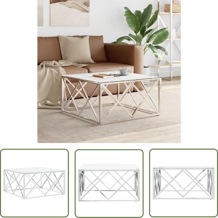 The Living Store Salontafel 80x80x40 cm roestvrij staal en glas zilverkleurig Salontafel Koffietafel Modern Meubilair Metalen Tafellaar Glazen Tafelblad