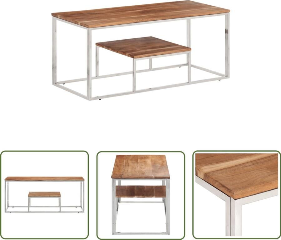 VidaXL Salontafel roestvrij staal en massief acaciahout zilverkleurig Salontafel Roestvrij Staal Acaciahout Industrieel Design Woonkamer