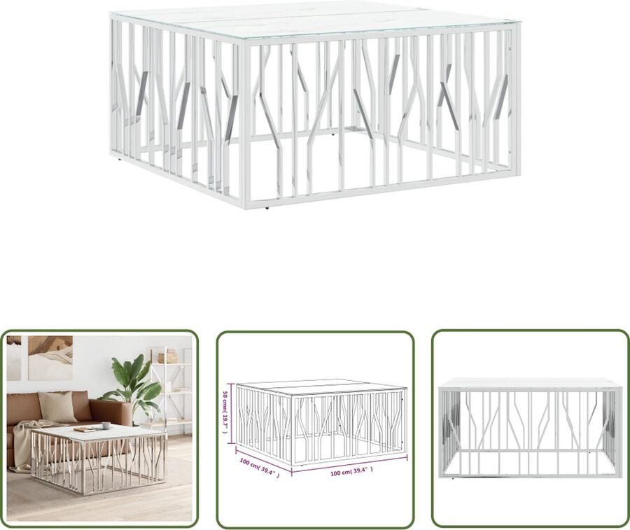 VidaXL Salontafel 100x100x50 cm roestvrij staal en glas zilverkleurig Salontafel Roestvrijstaal Glazen Tafelblad Marmereffect Zilverkleurig - Foto 2