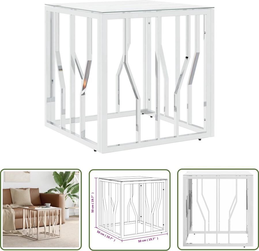 The Living Store Salontafel Modern design Stevig en stabiel Glazen tafelblad Praktisch tafelblad Eenvoudig onderhoud Zilver Roestvrij staal 50 x 50 x 50 cm 5 mm glasdikte Montage vereist
