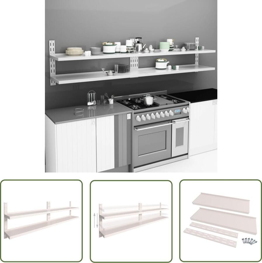 VidaXL Roestvrijstaal Wandplank Keuken Wandrekken Wandschappen zwevend 2-laags 2 st 300x30 cm roestvrij staal Opbergwand Kookaccessoires Keuken Organisatie