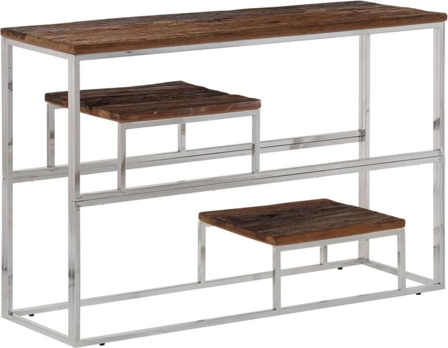 The Living Store Wandtafel roestvrij staal en massief bielshout zilverkleurig Wandtafel Salontafel Houten Tafel Biezenhout Roestvaststaal
