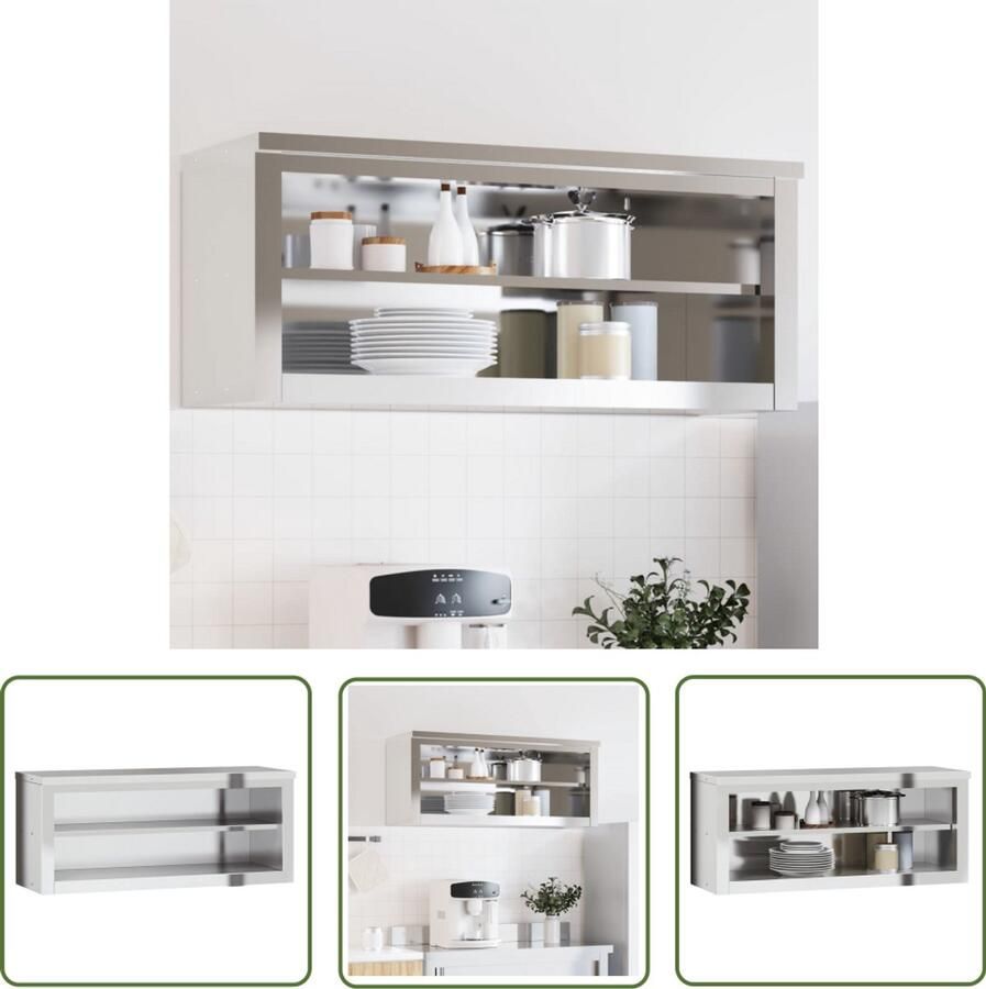 The Living Store Keukenwandkast met schap roestvrij staal Keukenwandkast Roestvrijstalen Kast Wandopstelling Keukenopslag Kookeiland Accessoires