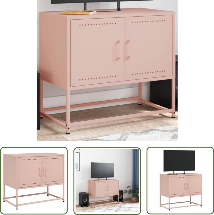 The Living Store Tv-meubel 68 5x39x60 5 cm staal roze Tv-meubel Industrieel Roestvrijstalen Tv-stand Televisie Kast Salontafel Mediabox
