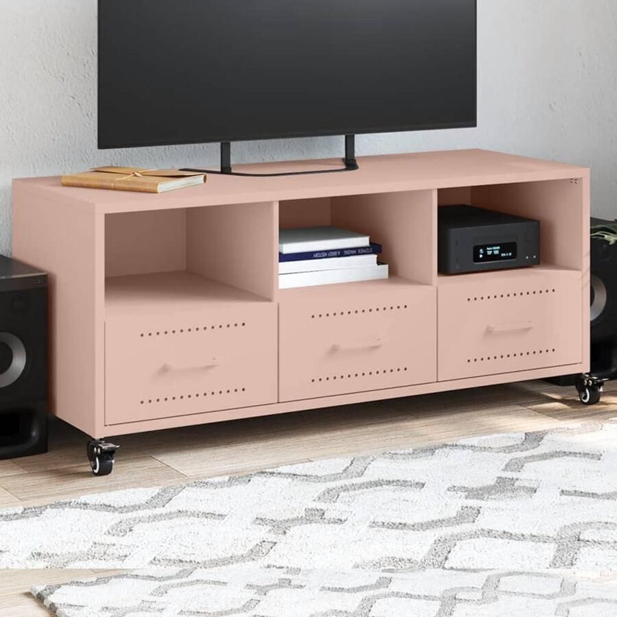 The Living Store Tv-meubel 100 5x39x43 5 cm staal roze Tv-meubel Roestvrijstalen Tv-standaard Media Kast Salontafel Televisiekast