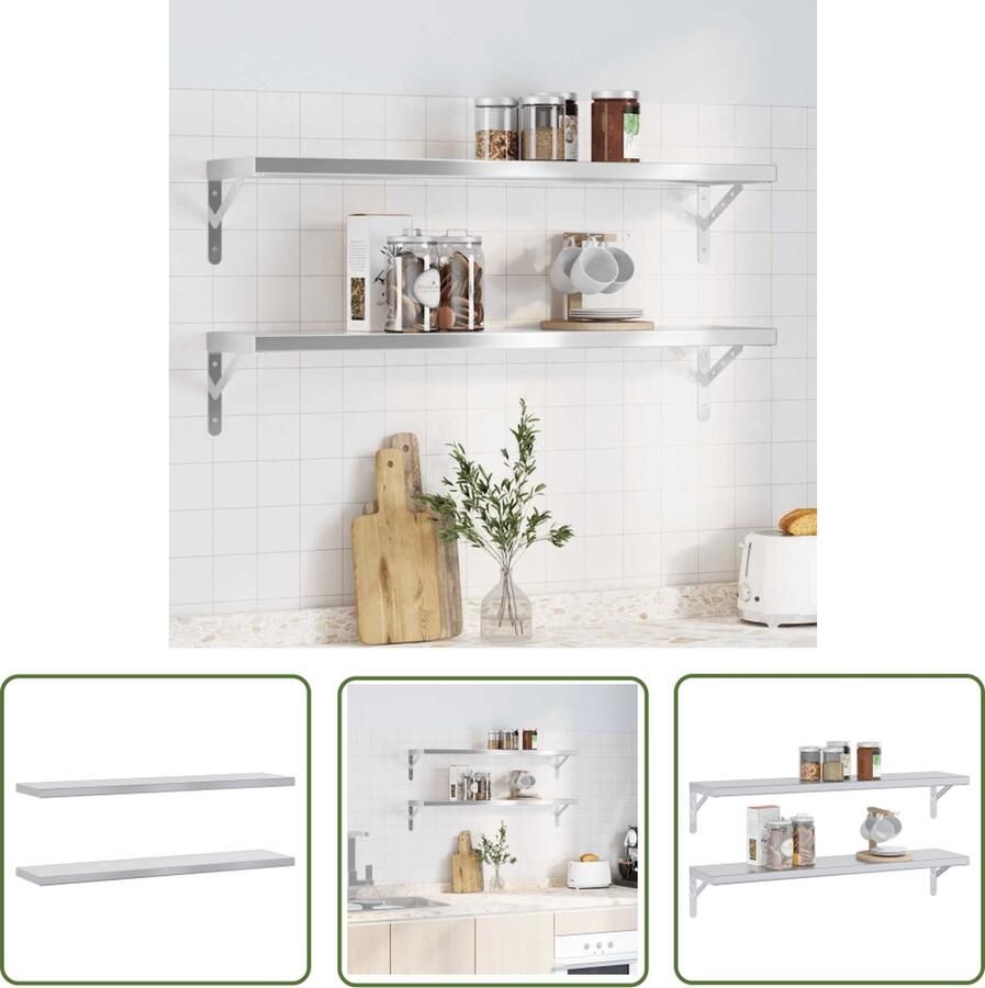 VidaXL Roestvrijstalen Wandplank Wandplanken Wandschappen 2 st 100x23 5x3 cm roestvrijstaal zilverkleurig Wanddecoratie Opslagmogelijkheid Badkameraccessoires