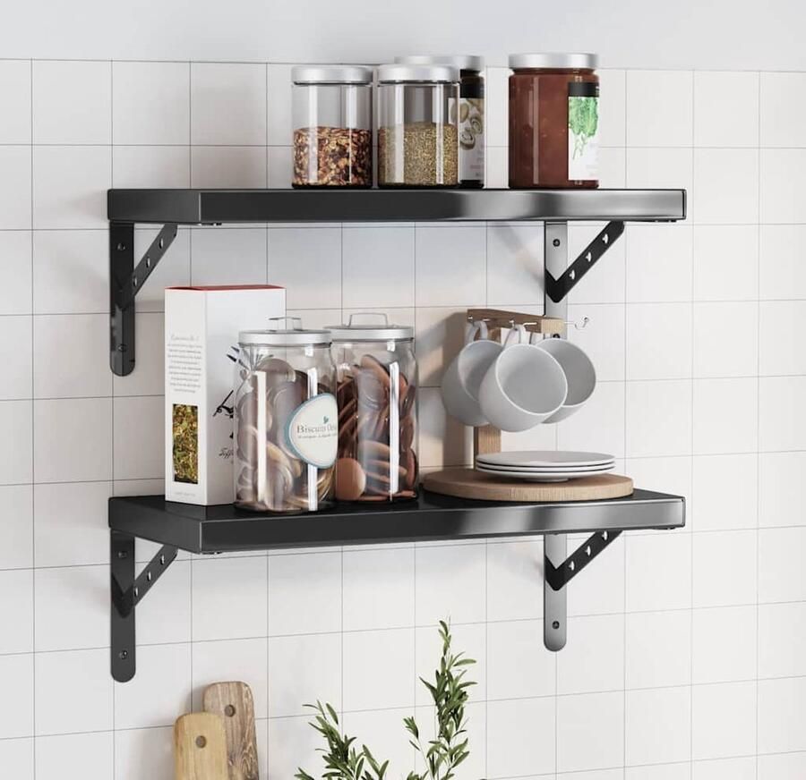 The Living Store Wandschappen 2 st 50x23 5x3 cm roestvrijstaal zwart Zwevende Wandschappen Wandschapsysteem Roestvrijstalen Wandplanken Wanddecoratie Opbergsystemen